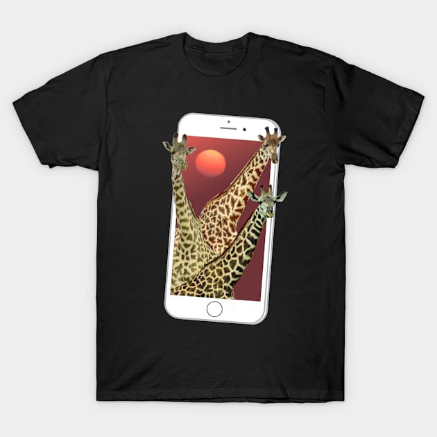 Giraffes with Sun and Phone - Wildlife Africa T-Shirt by T-SHIRTS UND MEHR